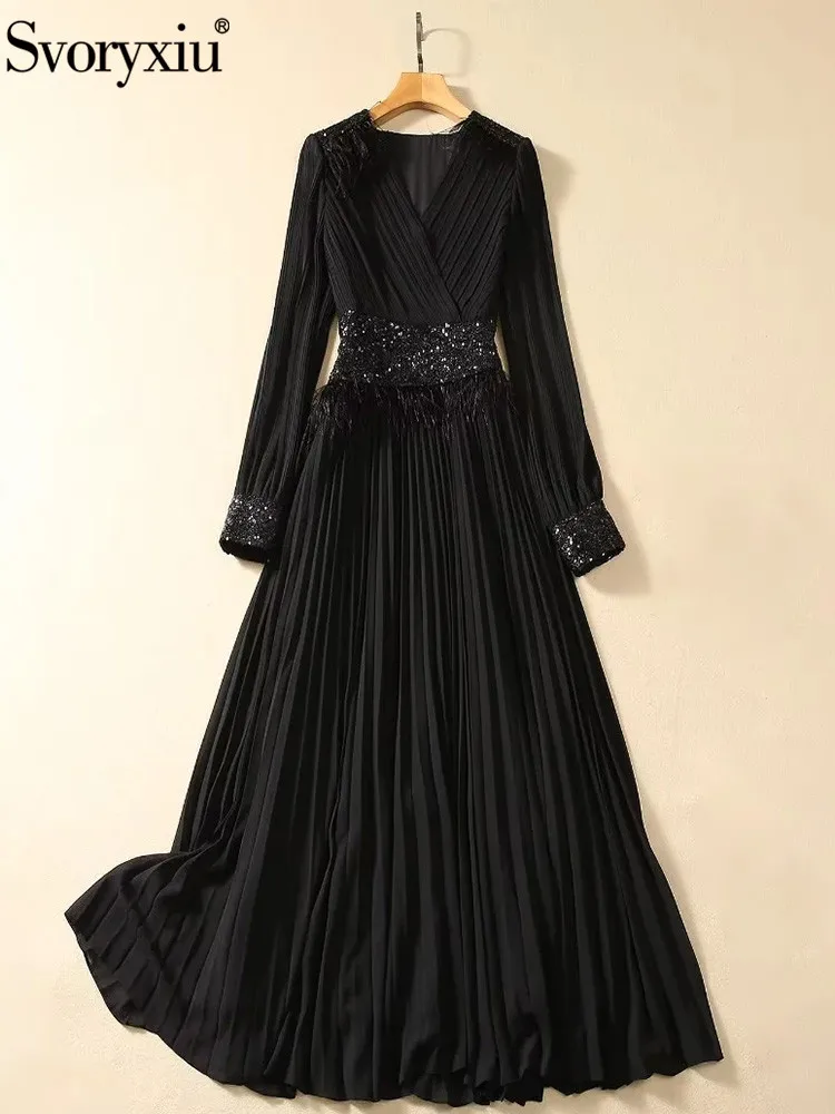 

Svoryxiu Autumn Runway Designer Vintage Black Color Ankle-Length Dress Women's Lantern Sleeve Sequin High Waist Pleated Dress