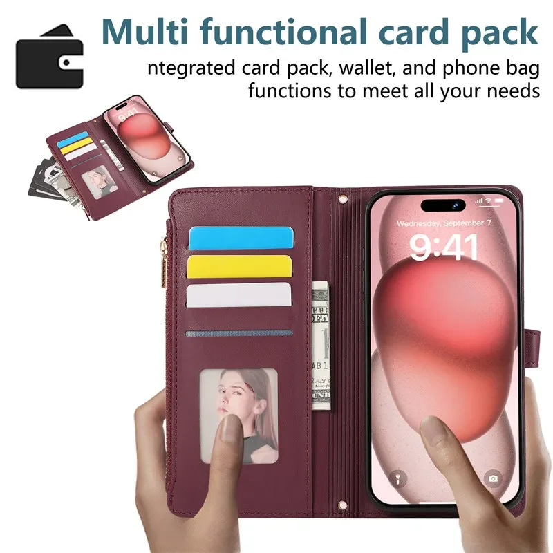 Deluxe Lanyard Flip Leather Phone Case with Zipper Wallet Card Holder