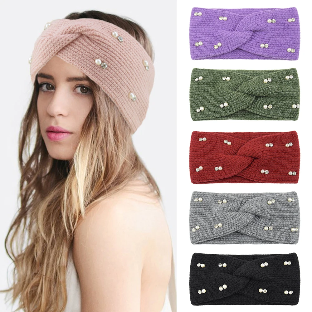 

New Pearl Knitted Cross Headbands For Women Autumn Winter Warm Hairband Woolen Knitting Turban Headwrap Solid Color Ear Warmer