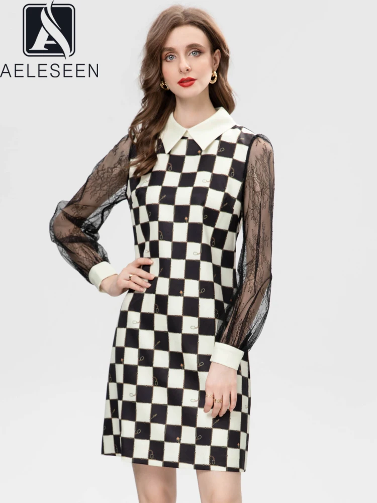 

AELESEEN Designer Fashion Mini Dress Women Turn-dwon Collar Lantern Sleeve Patchwork Plaid Print Chian Elegant Casual Holiday