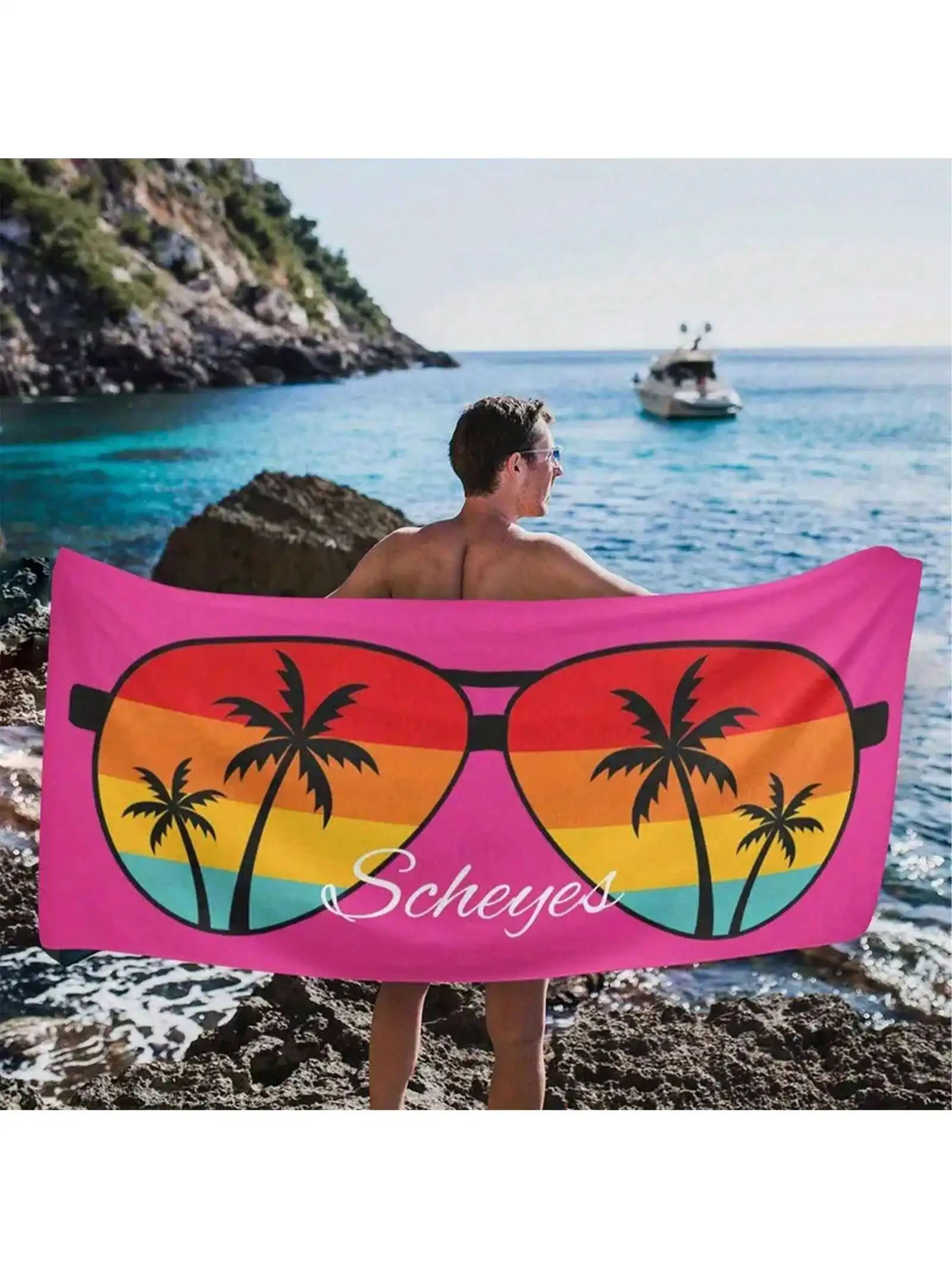 Bohemian Style Customizable Beach Towel with Unique Glasses And Palm Tree Design for Beaches Pools And Travel Picnics