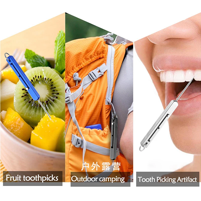 Retractable Toothpick Portable EDC Retractable Toothpick High Strength Titanium Alloy Spring Push-pull Fruit Pick Gift Keychain Pendant Tooth Pick