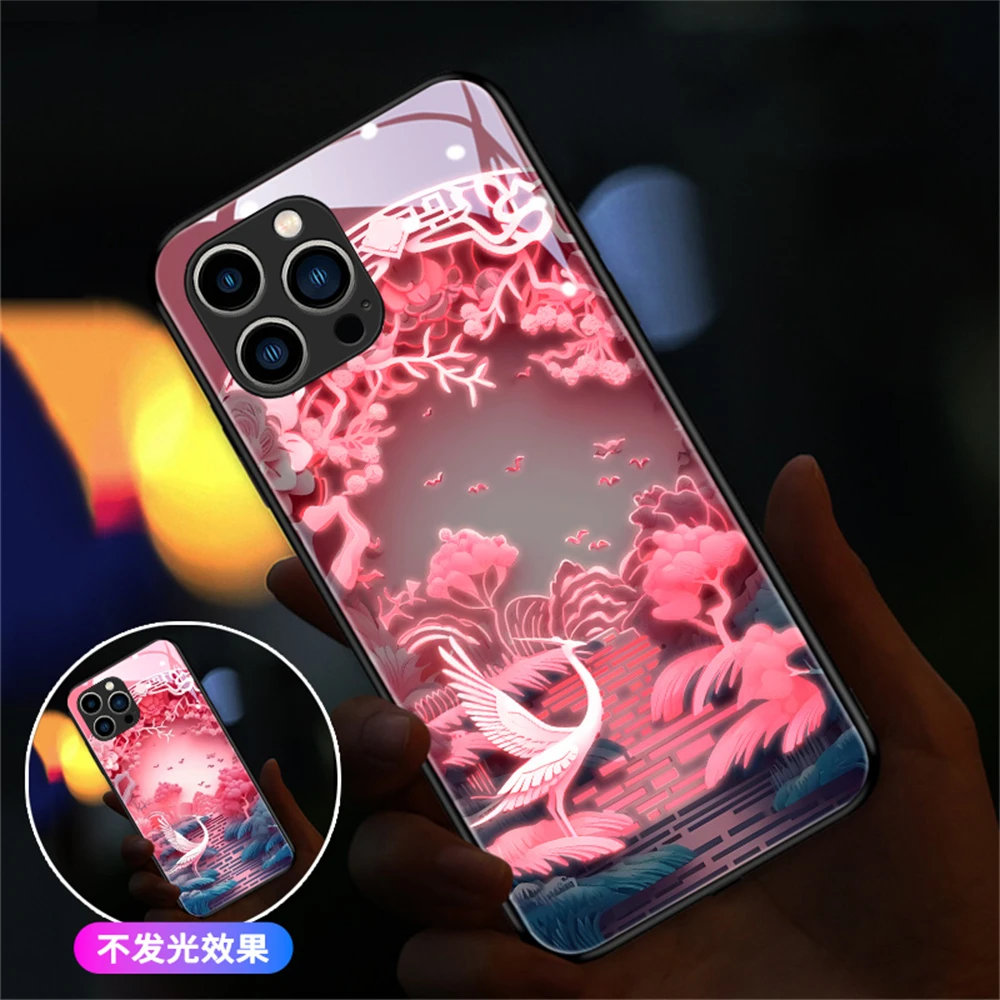 Shining Lucky Magpie Smart LED Light Glow Tempered Glass Phone Case For iPhone 15 14 13 12 11 Pro Max X XR XS Plus SE2020