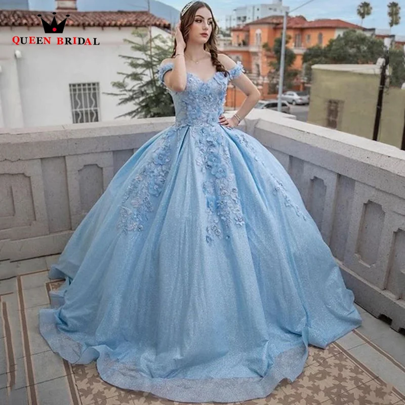 Exquisite Sweetheart Blue Dress Backless Off the Shoulder Princess Evening Dress With Lace Appliques Short Sleeve Prom Deesses