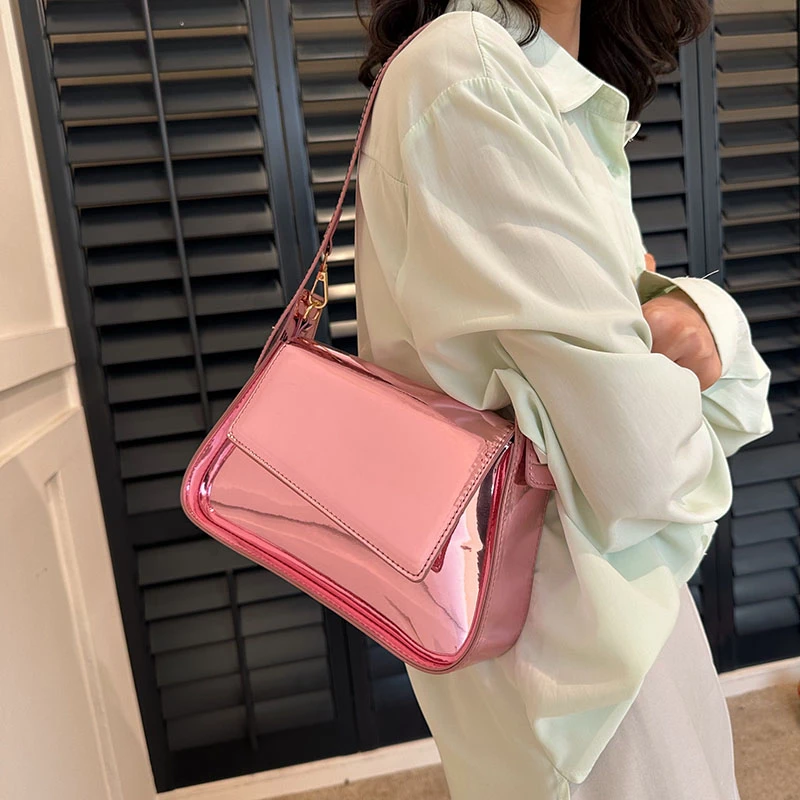 Shiny Square Bags for Women Trend 2024 Patent Leather Small Handbag Fashionable Mirror Luxury Party Underarm Shoulder Bag Woman