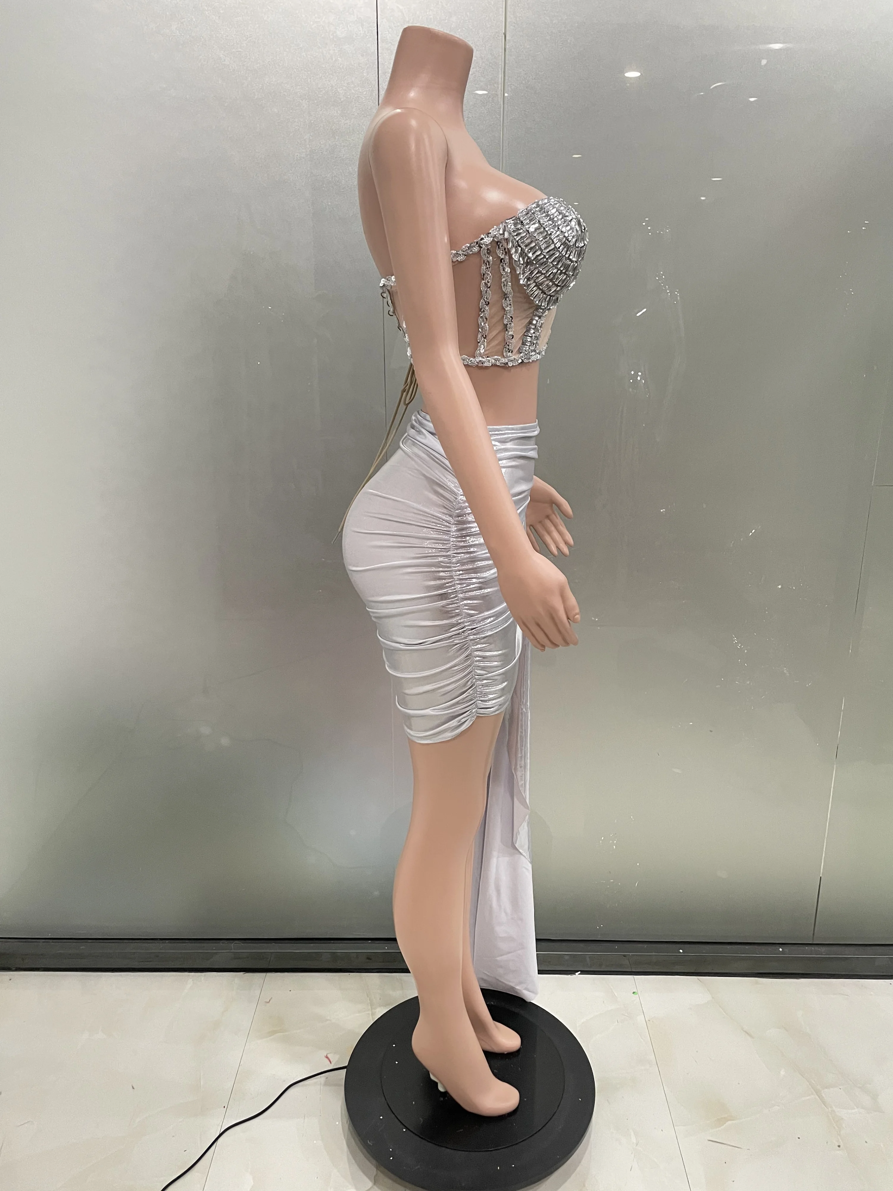 Mujer diamantes brillantes Sexy transparente Top sin tirantes y