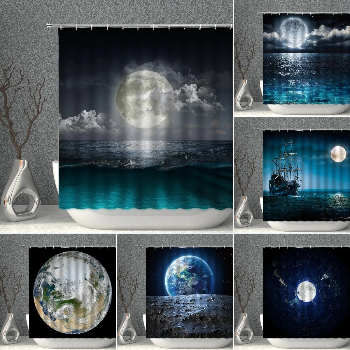 

Moon Star Shower Curtain Waterproof Cloth Navy Blue Space Planet Earth Ship Bath Curtains Bathroom Screen Bathtub Decor Hooks