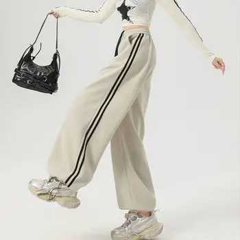 Women Stripe Chic Straight Pant Autumn Spring Retro Sports Sweatpants High Waist Color Blocked Trouseres Lady Casual Streetwear 1