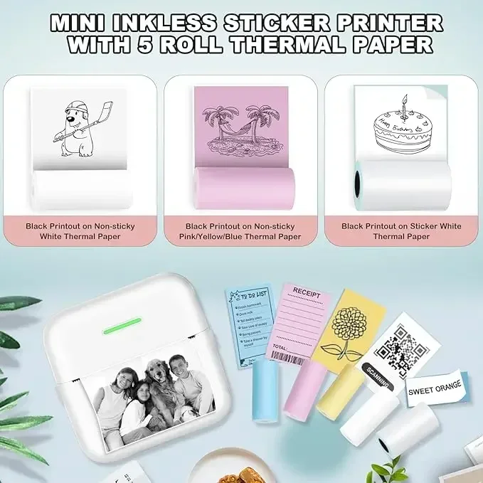 GlowMart Mini Pocket Printer Portable Thermal Sticker BT Printer for Android or iOS APP for Photo Journal Notes Memo Receipt