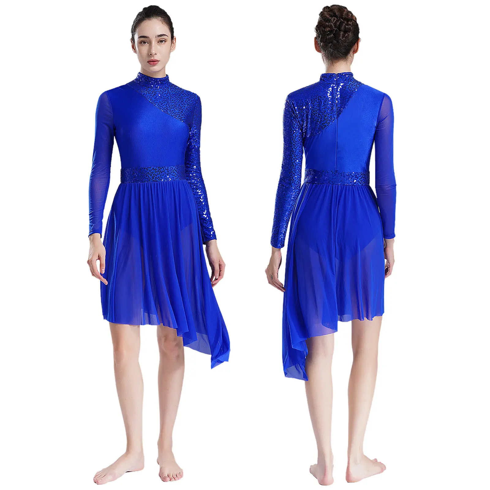 thumbnail image 1 of Vestido de baile lírico de Ballet con lentejuelas brillantes para mujer, cuello simulado, manga larga, dobladillo Irregular, vestidos de patinaje artístico gimnástico, disfraces, 1 of 5