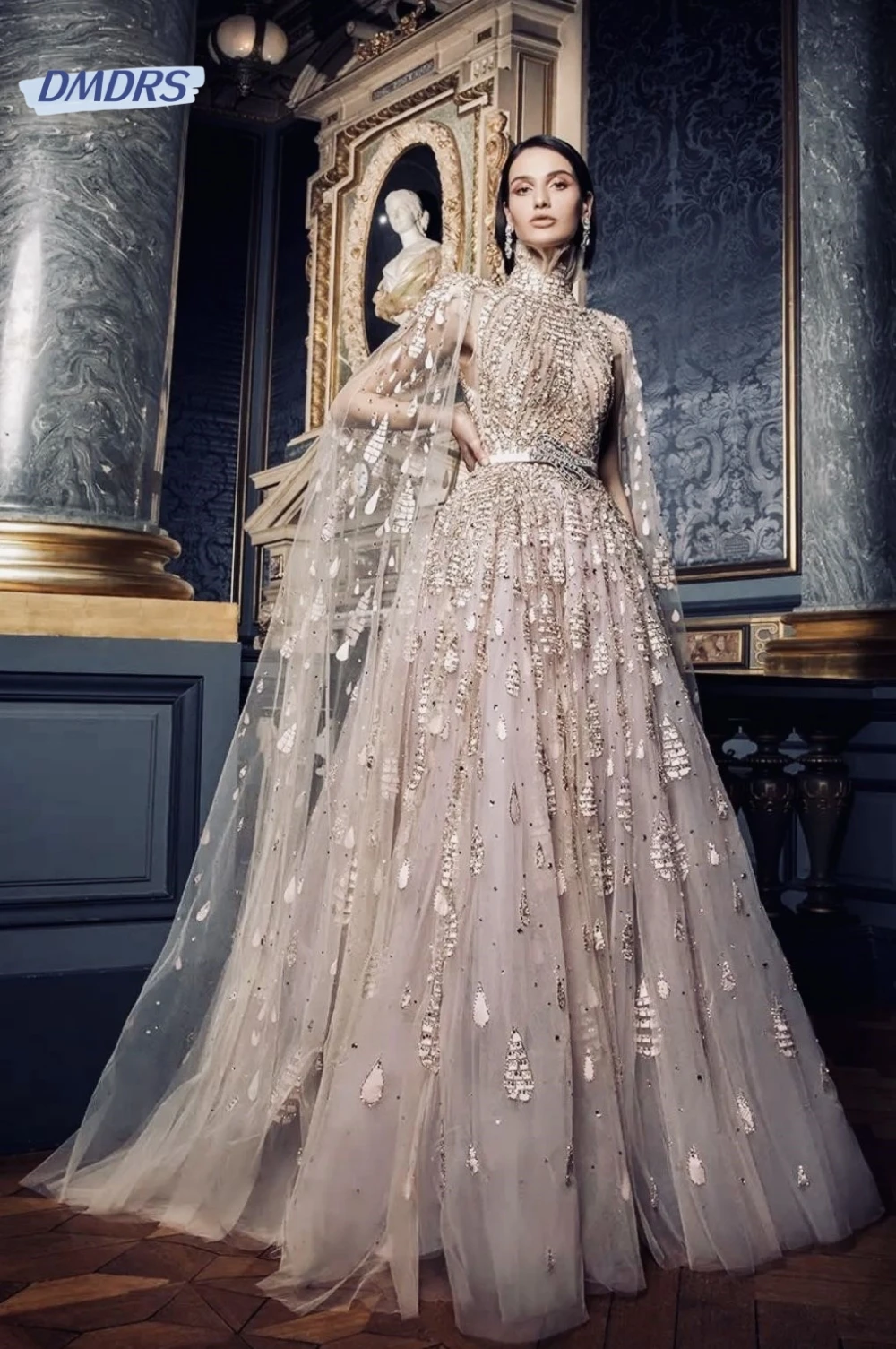 Vestidos largos de chiffon estilo princesa con abertura Azul Royal