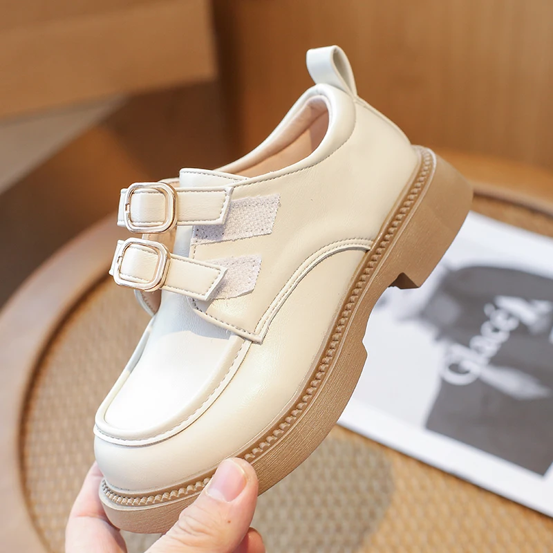 Children Leather Shoes Buckle Solid Color School Spring Kids Flat Shoe 23-36 Unisex Fashion Round Toe Flexiable Boys Girls Shoe