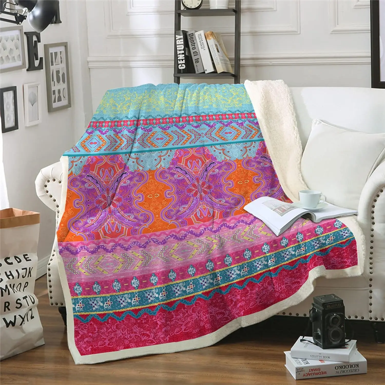 

Bohemian Fleece Throws,Warm Soft Boho Mandala Blanket,Flower Colorful Bedding for Bed Couch,100% Microfiber,150×200 cm