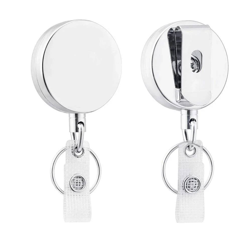 2 Pack Heavy Duty Intrekbare Badge Reel Metalen ID Badge Houder Reel met Riem Clip Sleutelhanger voor Naam Kaart Sleutelhanger-27,5 inch Versterkte Staal Draad Cord (Metaal 2 Pack Zwart Zilver