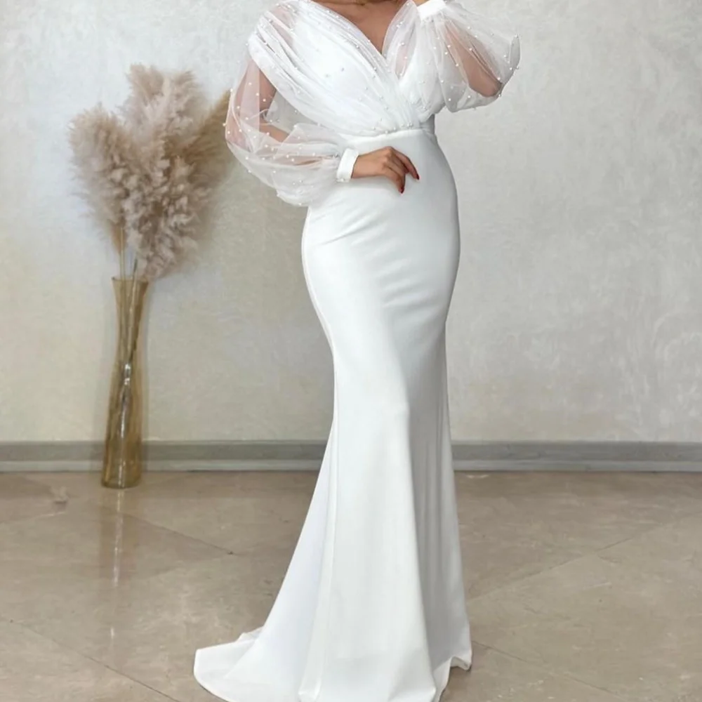 

Платье женское вечернее до пола с V-образным вырезом и жемчугом