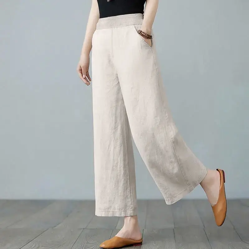 

Chinese Style Flax Solid Color High Waist Sagging Sensation 2024 Women Loose Appear Thin Affordable Casual Office Lady Trousers