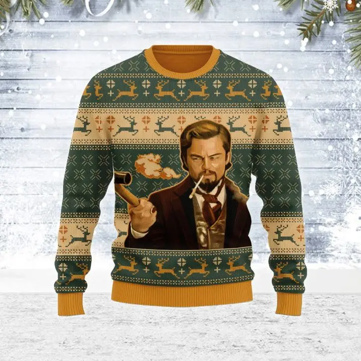 thumbnail image 1 of Ropa de otoño e invierno Suéter feo navideño con meme de Leo DiCaprio que ríe Regalo de Papá Noel Jersey para hombre 2023 Sudadera 3D, 1 of 4