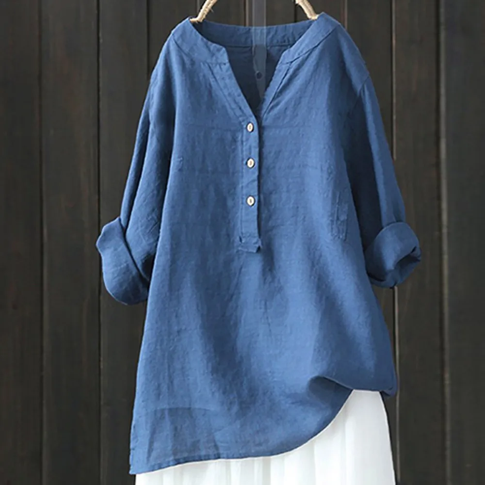 

Women Blouse Fashion Vintage V-Neck Button Blouses Top Solid Color Long Sleeve Shirts Female Casual Linen Tunic Tops Clothing