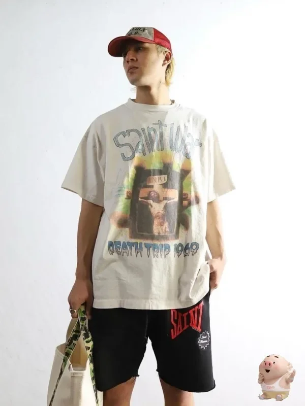 

Футболка Тяжелая классическая для мужчин и женщин, винтажный Топ оверсайз с принтом Иисуса и Креста в стиле Сен-войн