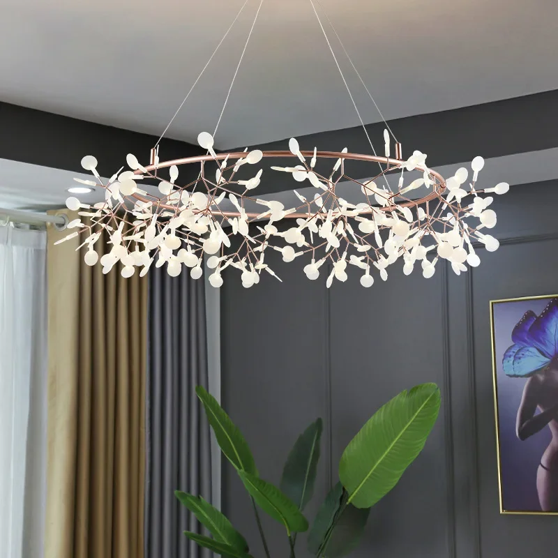 

Modern Romantic Firefly LED Chandelier Stylish Tree Branch Metal Round Dining Room Living Room Villa Gallery Decoration Fixture