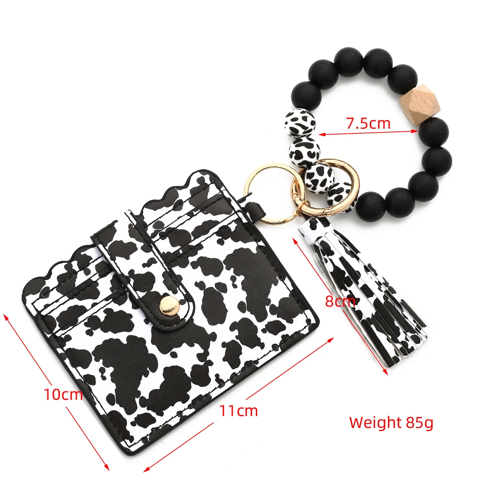 Bull Silicone Beads Bracelet Pu Leather Purse Leopard Print Tassel Cow Wallet Keychain Silicone Beaded ID Card Holder Keychain 6