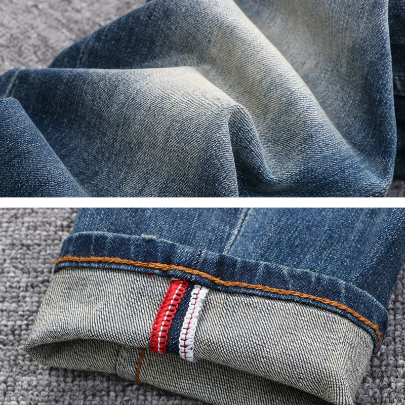 Italian Style Fashion Men Jeans Stretch Slim Fit Ripped Jeans Men Plain Washed Retro Blue Vintage Designer Denim Pants Hombre