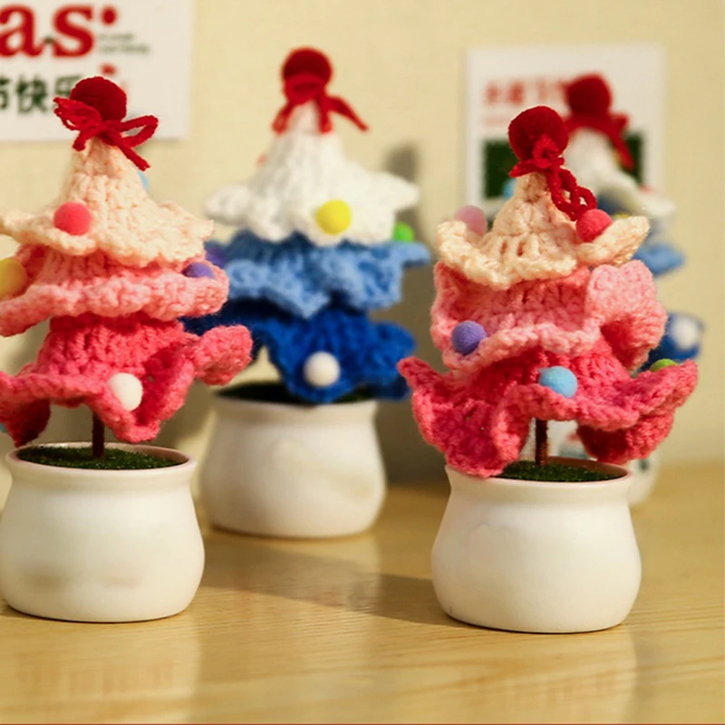 Crochet Christmas Tree Potted Plant Finished Hand Woven Desktop Ornaments 3