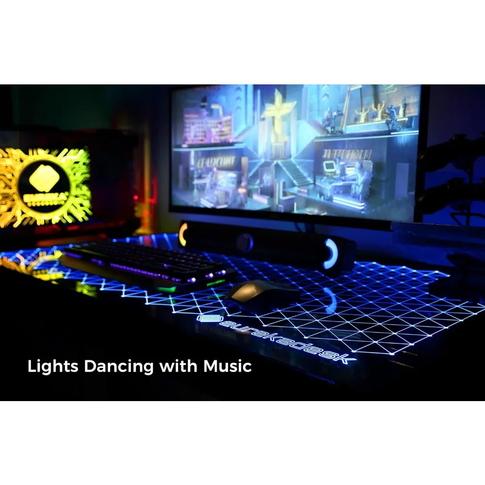 LED Gaming Desk, Music Sync Lights Up Tempered Glass Desktop, 43" Office Computer Table W Controller Rack 4 USB Charging Ports 6