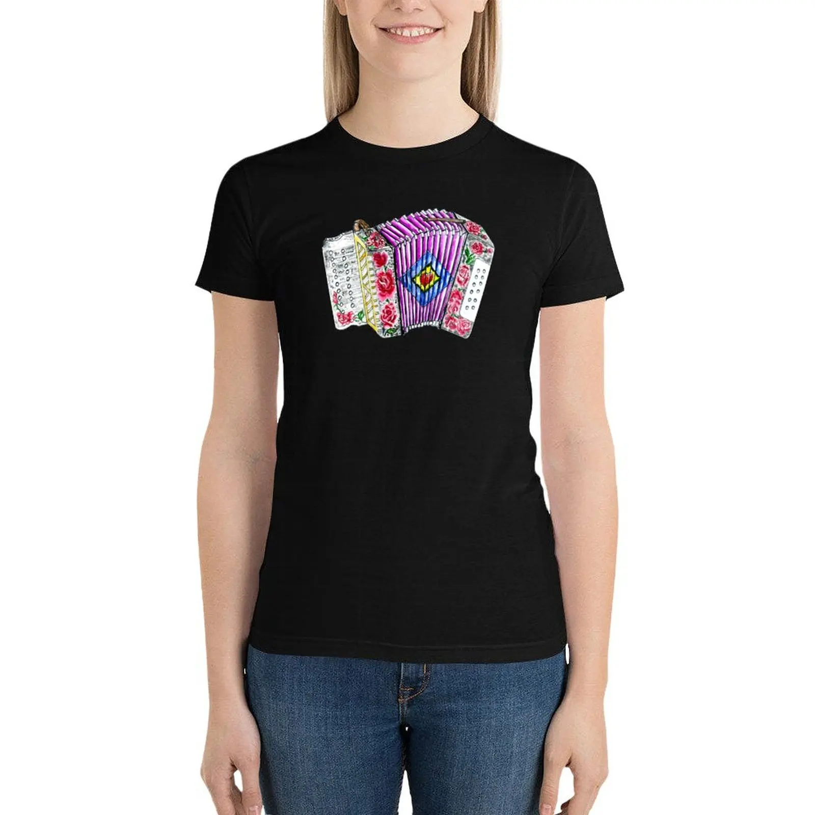 

Vintage accordion T-Shirt cute tops Short sleeve tee Summer Women's clothing