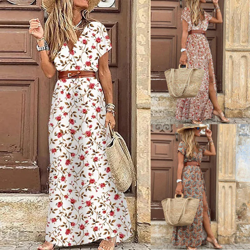 Women Sexy Casual Elegant Holiday Dress Summer Trend V-Neck High Slit Irregular Midi Dress Retro Vintage Print Slim With Belt