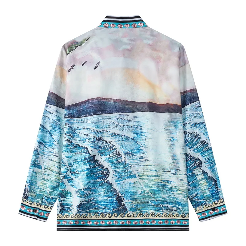 

High Quality CASABLANCA Shirt Waves Cuba Collar Flower Long Sleeve Leisure Beach Style Shirt Mens Shirts Hawaiian Shirt