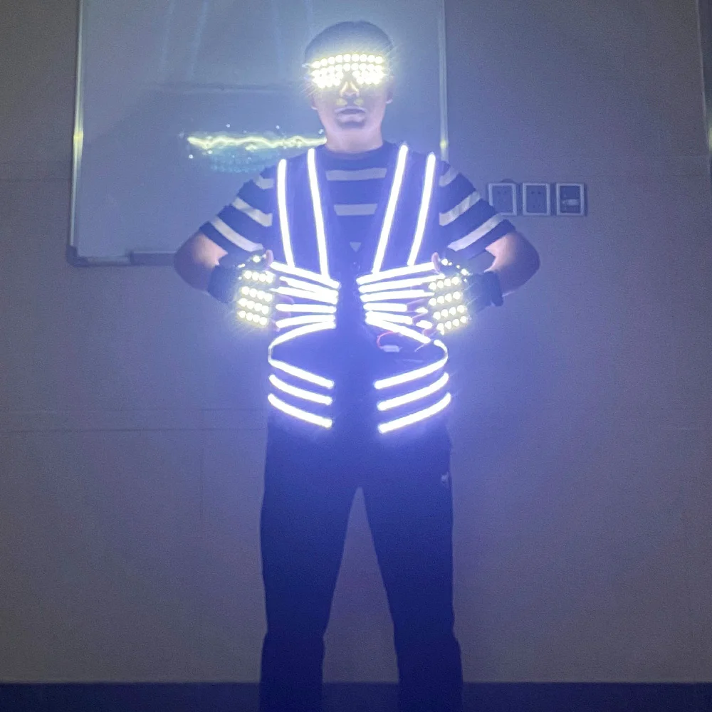 

LED vest Glasses gloves Nightclub host Light up costume magician performing Light Up vest Halloween LED glasses glove jacket