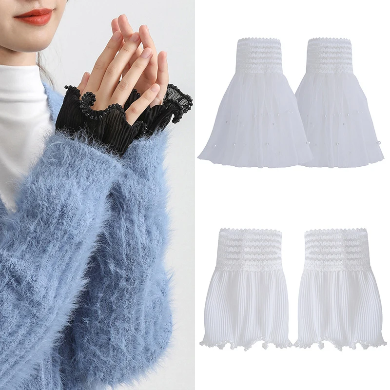 

Female Arm Cover Women Girls Fake Flared Sleeves Double Layer Lace Pleated Ruched False Cuffs Sweater Blouse Wrist Warmers