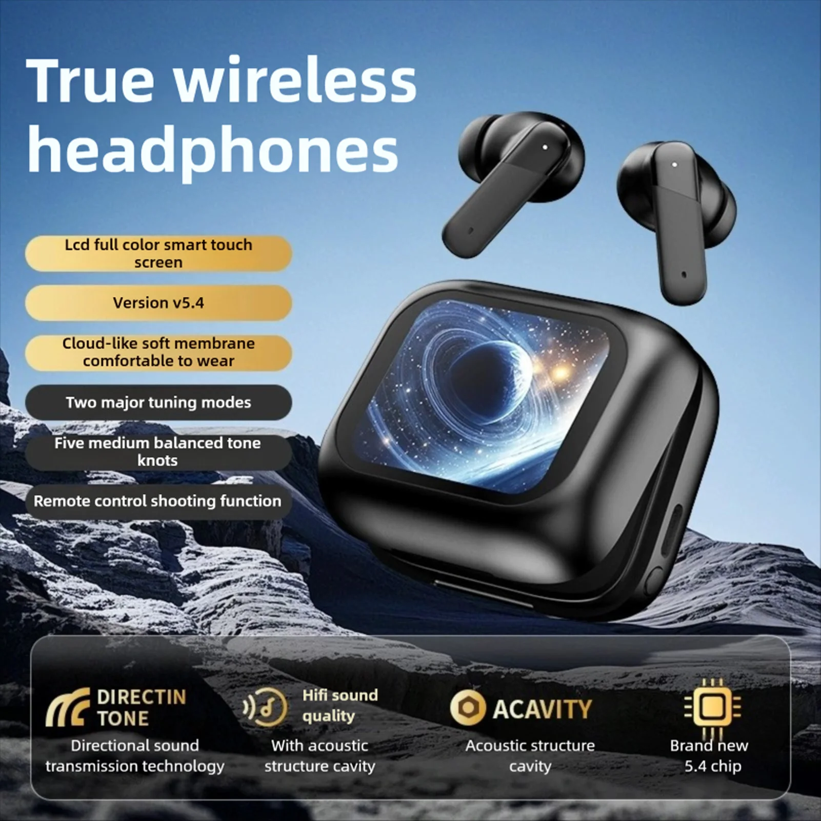 Wireless Earbuds with HiFi Surround Sound and LCD Touch Screen