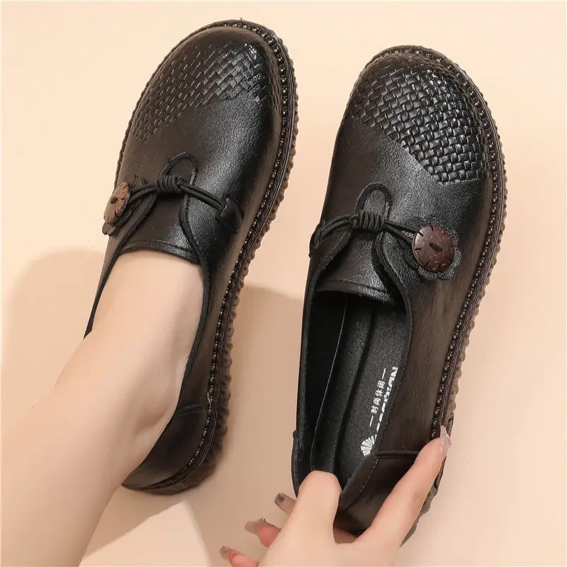 

Spring Button Flats Leather Moccasins Women Shoes Designer Braided Loafers Mary Jane Shoes Ladies Black Moccasins Woman Slip Ons