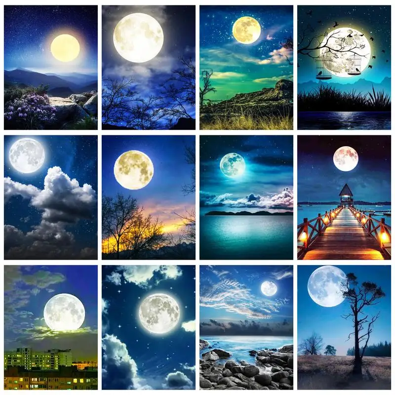 

PhotoCustom Painting By Numbers Kit With Frame Moon Scenery Picture Numbers Home Decoration For Handiwork