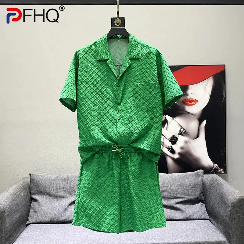 

PFHQ Summer New Fashion 2 Pcs Set Pleated Short Sleeve Shirts Solid Color Straight Drawstring Shorts Men's Clothing Tide 21F3495