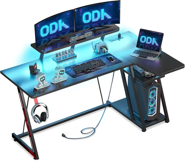 L Shaped Gaming Desk with LED Lights & Power Outlets, Gaming Table with Monitor Stand,Corner Gaming Desk with Storage