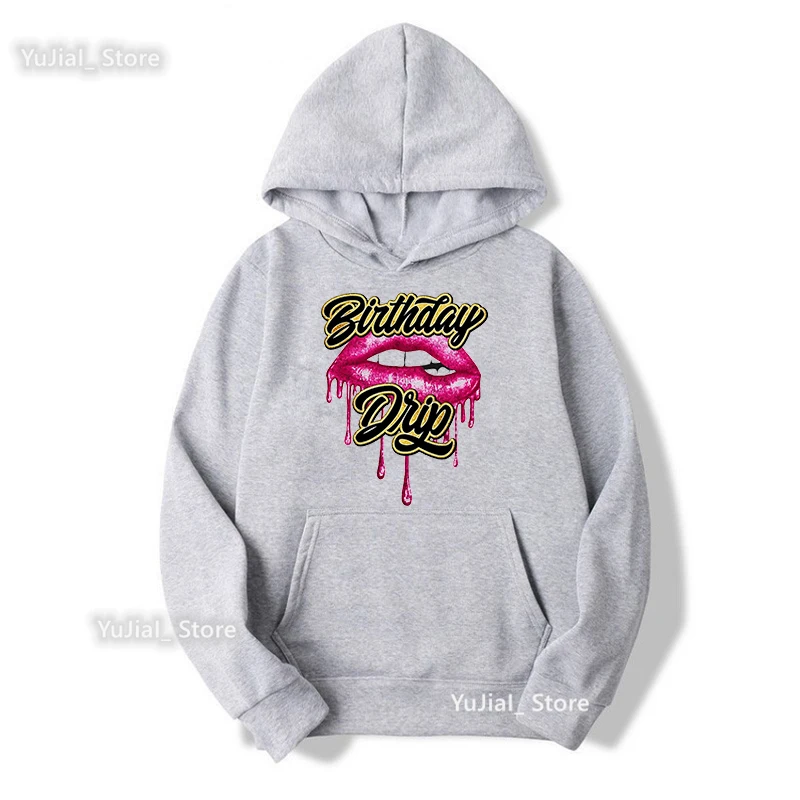 Red Lips Birthday Drip Graphic Print Cap Hoodie Women\'S Clothing Drip Squad Sweatshirt Femme Fashion Long-Sleeved Tracksuit