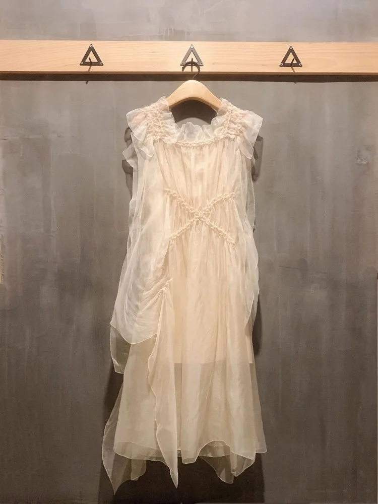 

Classic Style French Apricot Mesh Chiffon Sleeveless round Neck Loose Dress for Women Summer