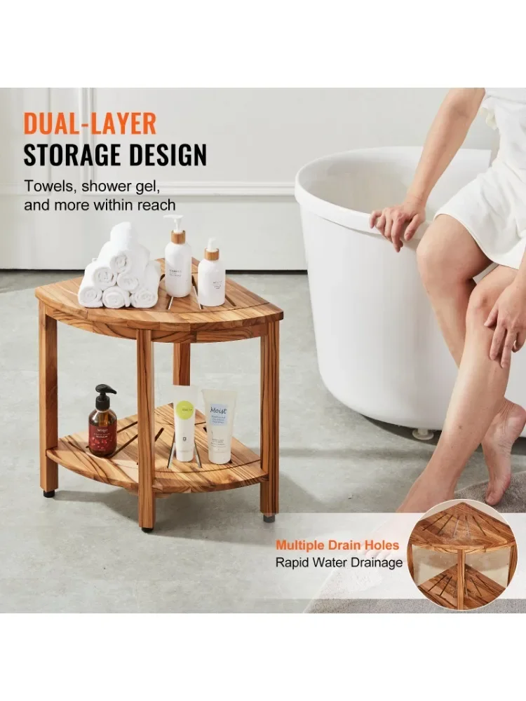 Corner Teak Shower Bench, 18.5 Height, 15.5 Radius, 500 lbs., with Storage Shelf, for Indoor and Outdoor Showers Shower stool 5