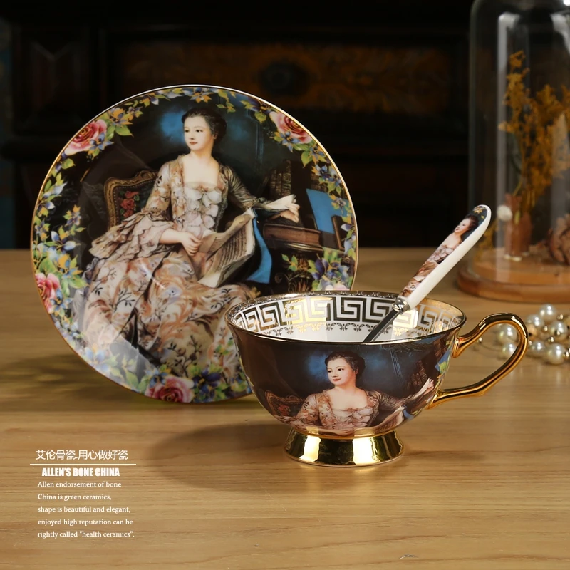 

One Cup, One Dish, One Spoon European Bone China Coffee Cup Classical Figure Oil Painting British Afternoon Tea Cup Gift