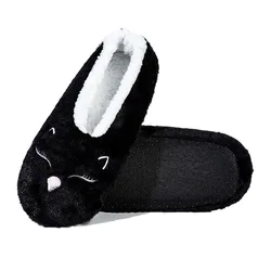 Cozy Women's Cartoon Cat Fleece Slipper Socks - Soft, Warm, Anti - Slip Indoor Footwear - 35 - 39 (Black)