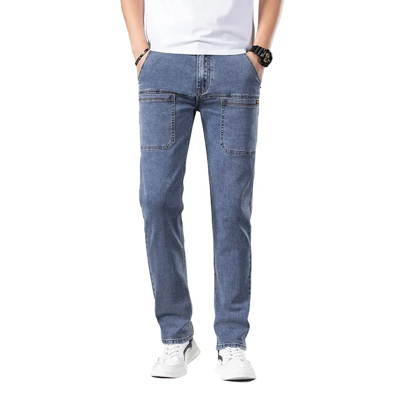 Multi-bag Design Large Capacity Straight Leg Stretch Jeans Classic Style Blue Slim Cotton Elastic Regular Fit Denim Pants