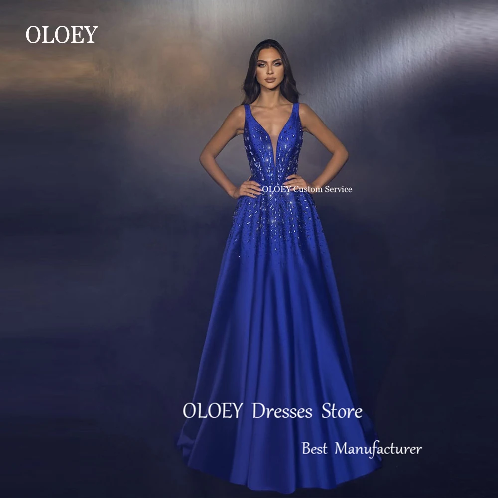 

OLOEY Sparkly Shiny Blue Satin Beads Evening Dresses V Neck Dimond Crystal Dubai Arabic Women Formal Party Prom Long Gowns