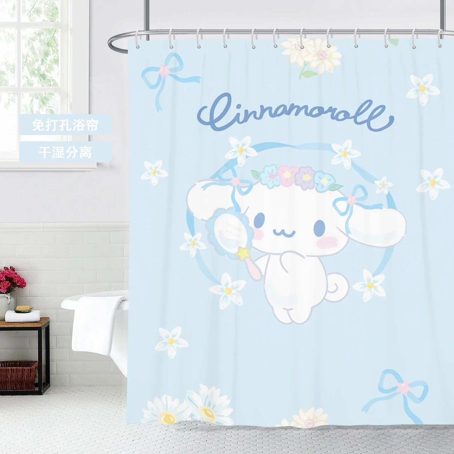 

Sanrios Mymelody Cinnamoroll Kuromi Kawaii Cartoon Blue Shower Curtains Waterproof Mildew Bath Screen with Hooks Home Decor