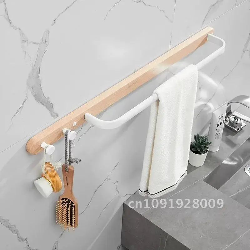 Wood White Bathroom Single Towel Rod Towel Wall Hanging Accessories Bar Rack Aluminum Hook Shower Storage With Bath Bathroom