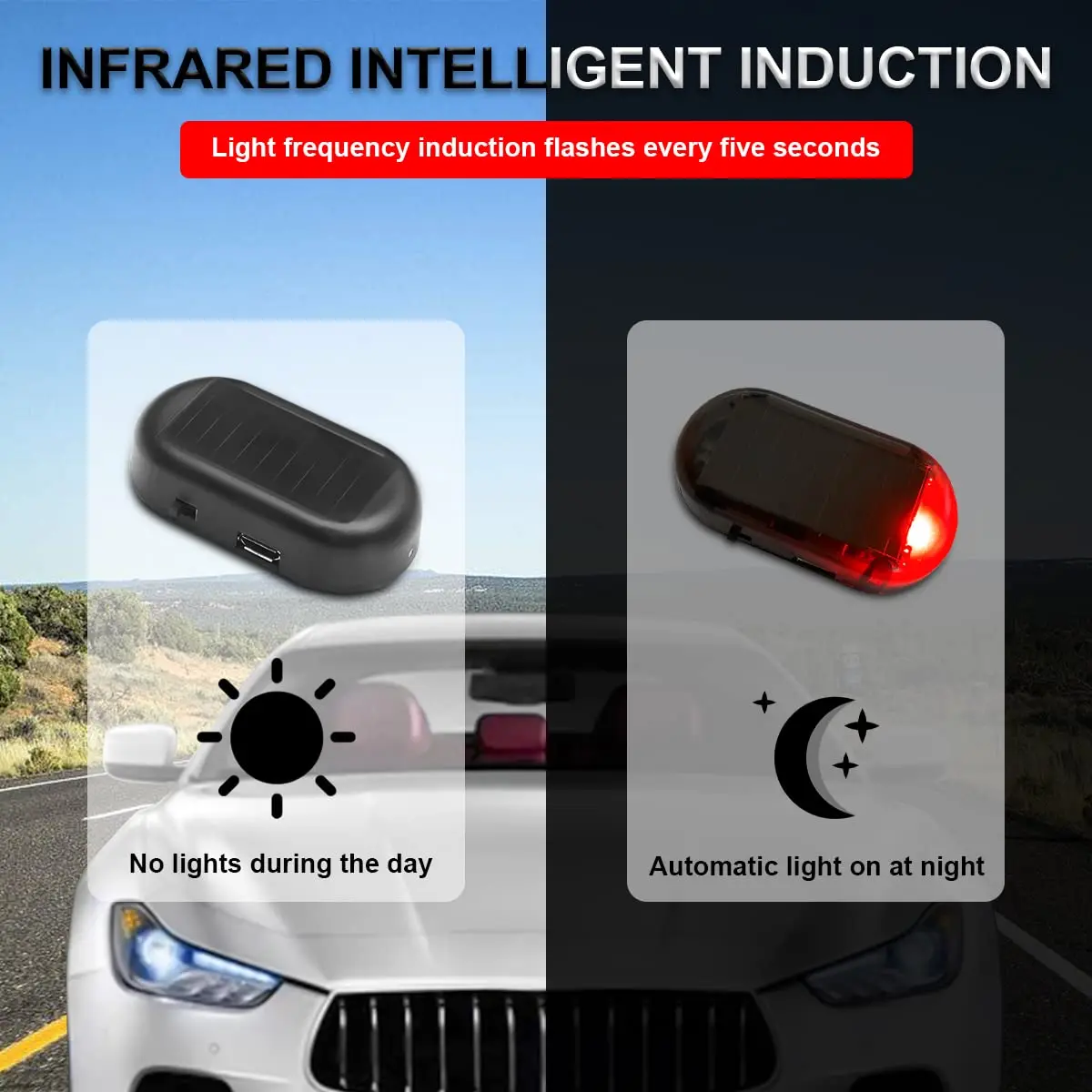 Car Solar Dummy Alarm Anti-Theft LED Flash Light Safety Warning Lights with USB Port Universal Car Accessory.