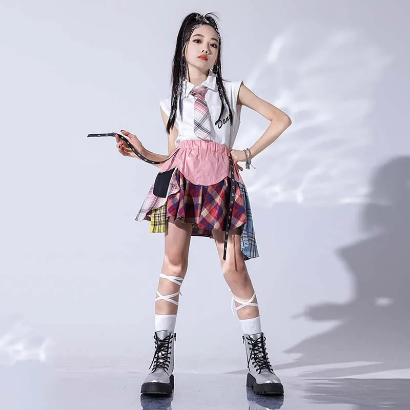 

Girl Jazz Dance Costume Kids Hip Hop Street Dance Suit Model Stage Show Fashion Show Outfit White Shirt Skirt Summer New AMY502