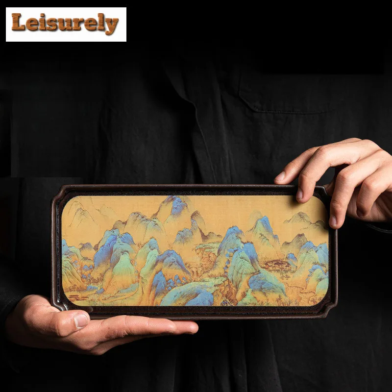 Chinese Landscape Rectangle Tea Tray Cake Rack Coffee Storage Board Teapot Base Dishes for Serving Chinese Tea Set Accessories